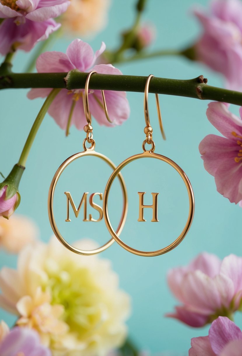 Two delicate gold hoops with personalized initials dangle from a blooming floral display, set against a soft pastel background