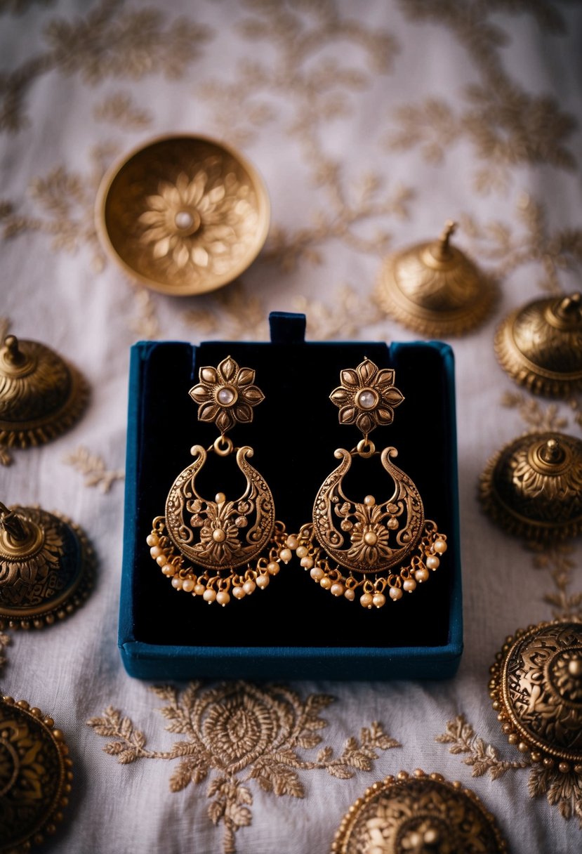 A pair of intricate antique gold Indian earrings displayed on a velvet cushion, surrounded by delicate floral motifs and traditional Indian patterns