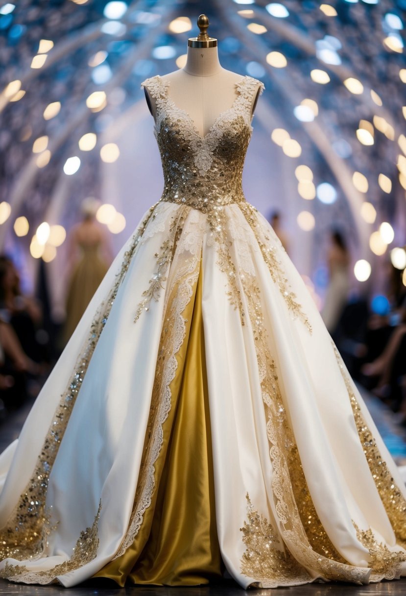 A flowing gold and white gown adorned with delicate lace and shimmering sequins, fit for a whimsical pageant or wedding