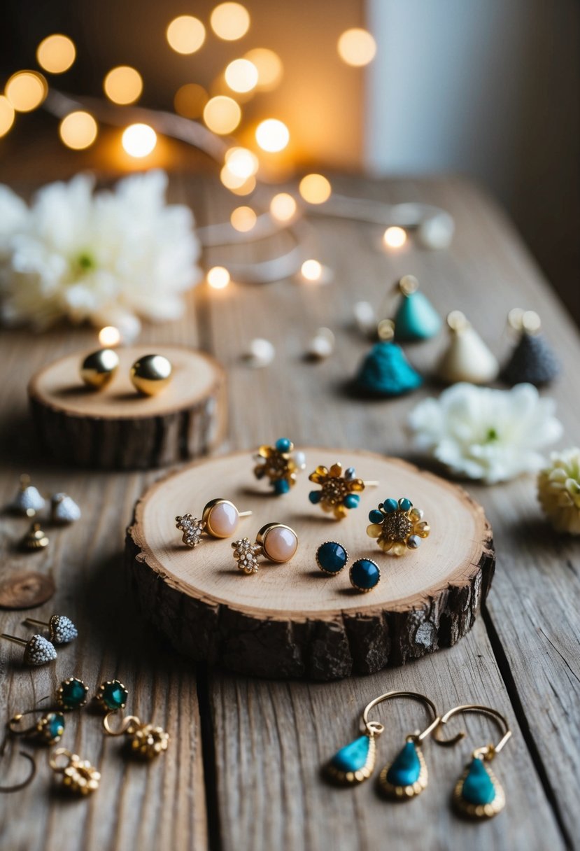 A rustic wooden table adorned with delicate, handcrafted earrings in various shapes and sizes, surrounded by soft, romantic lighting