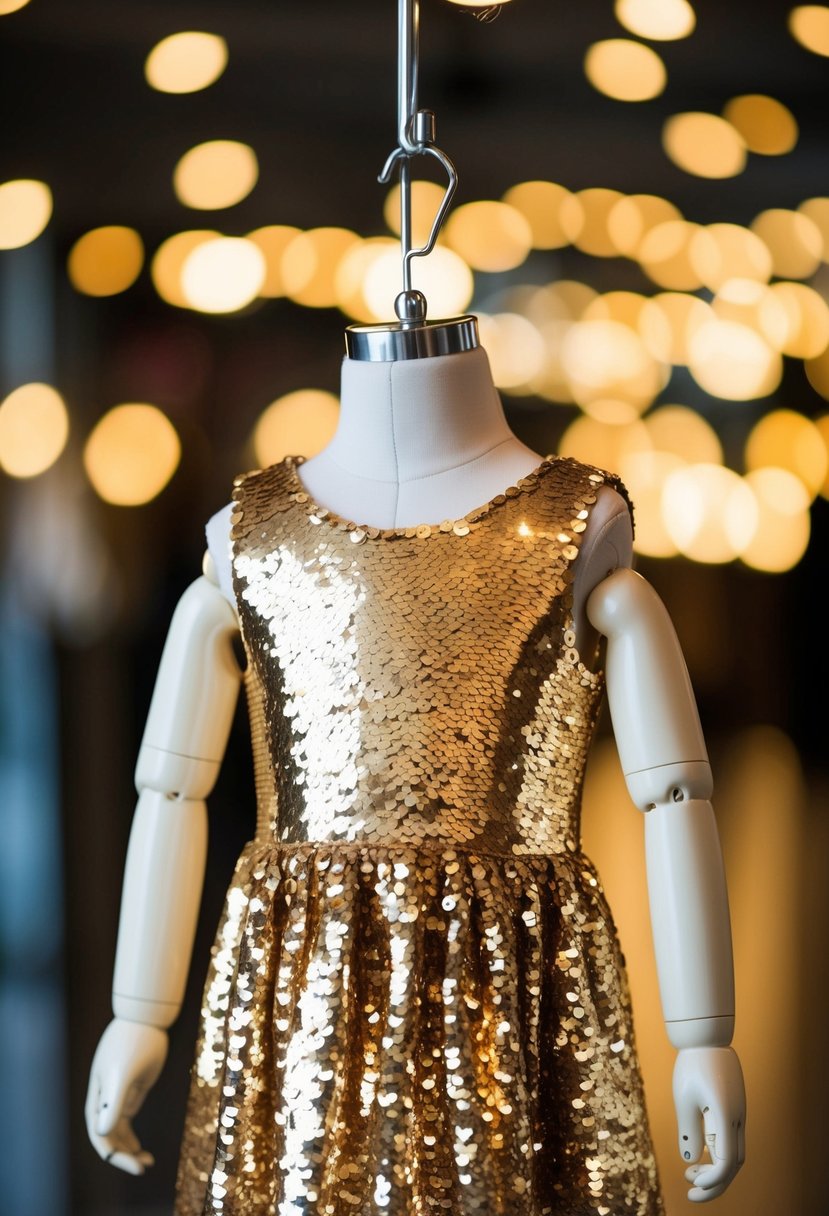 A shimmering gold sequin dress hanging on a child-sized mannequin