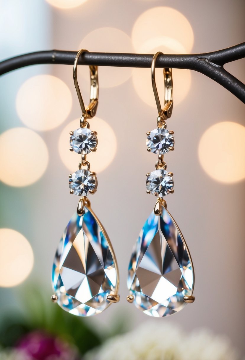 A pair of Swarovski crystal drop earrings hanging from a delicate display, catching the soft light in a romantic wedding setting