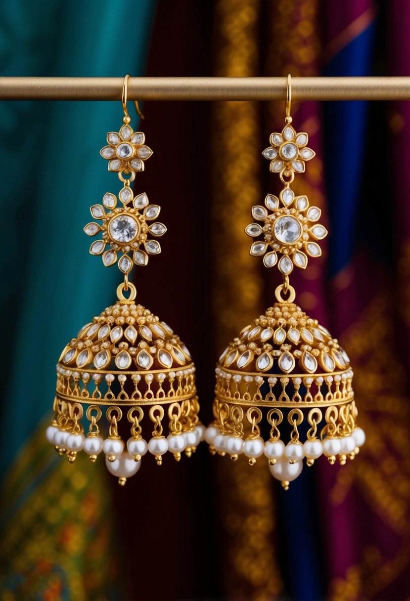 A pair of intricate gold and pearl drop earrings, inspired by Indian wedding jewelry, hanging against a richly colored fabric backdrop