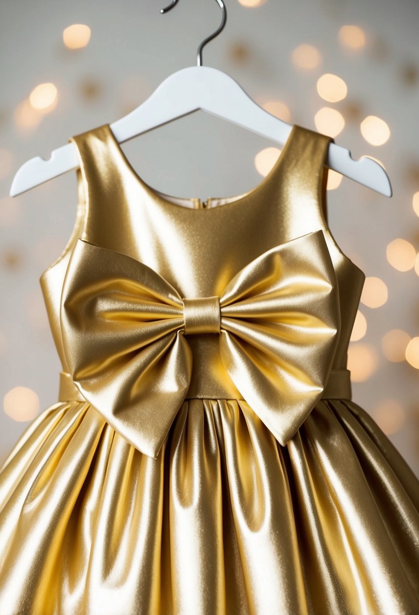 A shimmering gold satin dress with a large bow detail, set against a soft, dreamy background