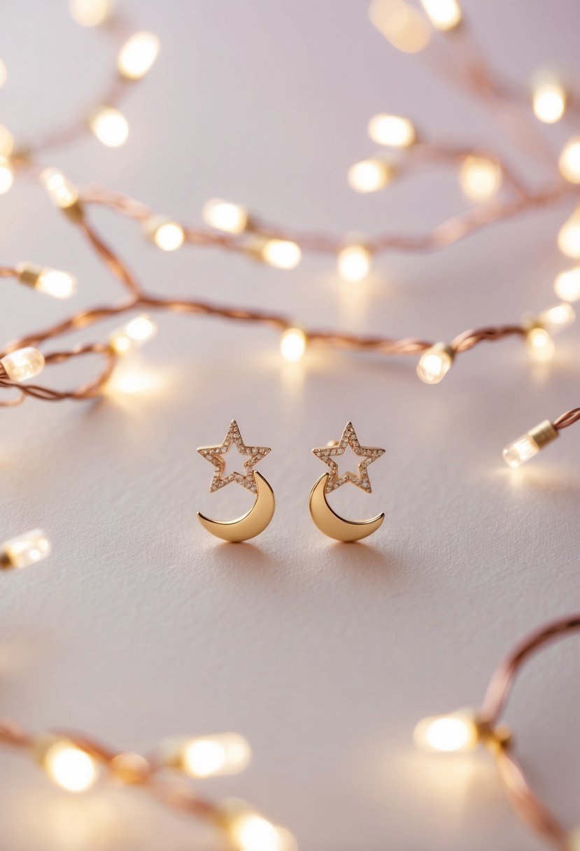 A pair of delicate star and moon earrings arranged on a soft, pastel-colored background, surrounded by twinkling fairy lights