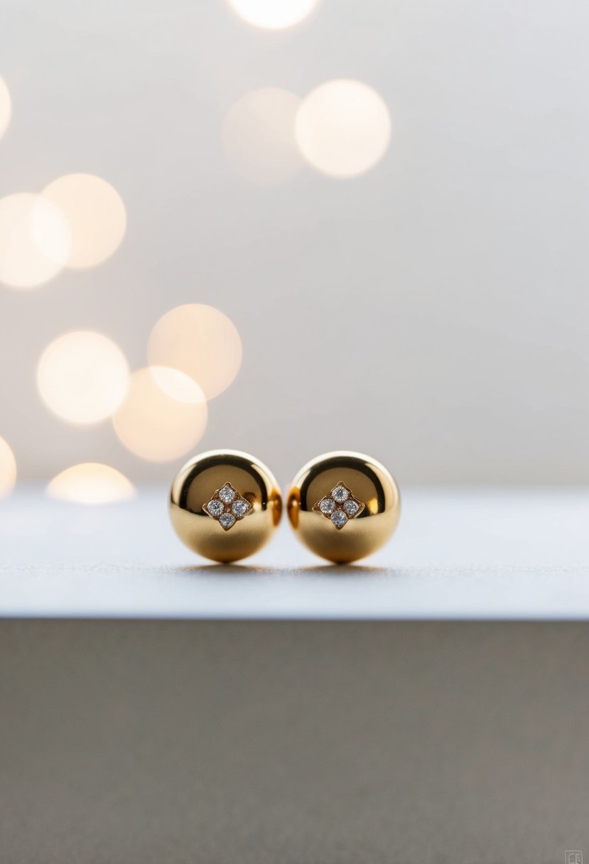 A pair of minimalist gold studs, inspired by Indian wedding jewelry, gleam in the soft light against a simple backdrop