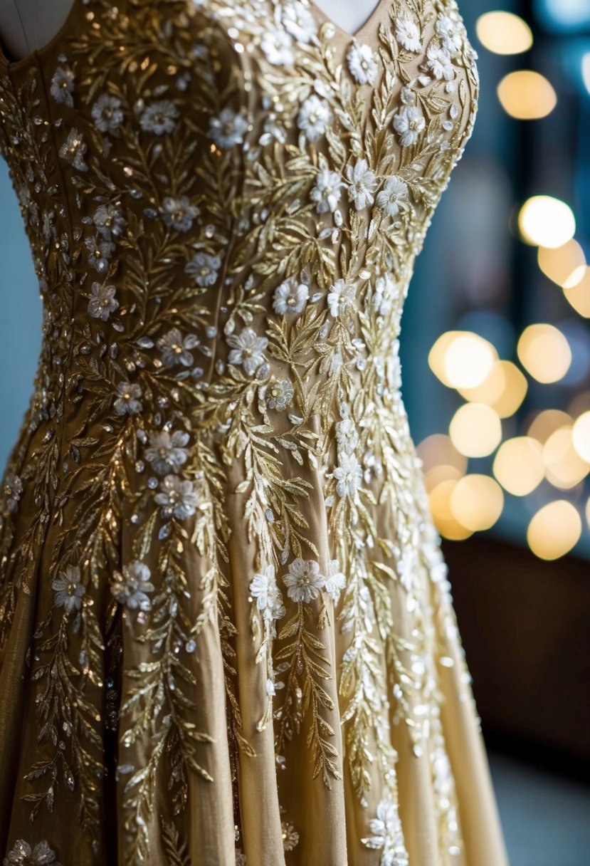 A shimmering gold dress adorned with intricate floral embroidery, cascading down in elegant patterns