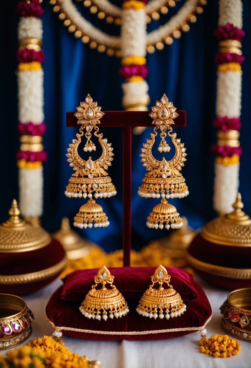 A pair of intricate gold temple earrings displayed on a velvet cushion, surrounded by traditional Indian wedding decor