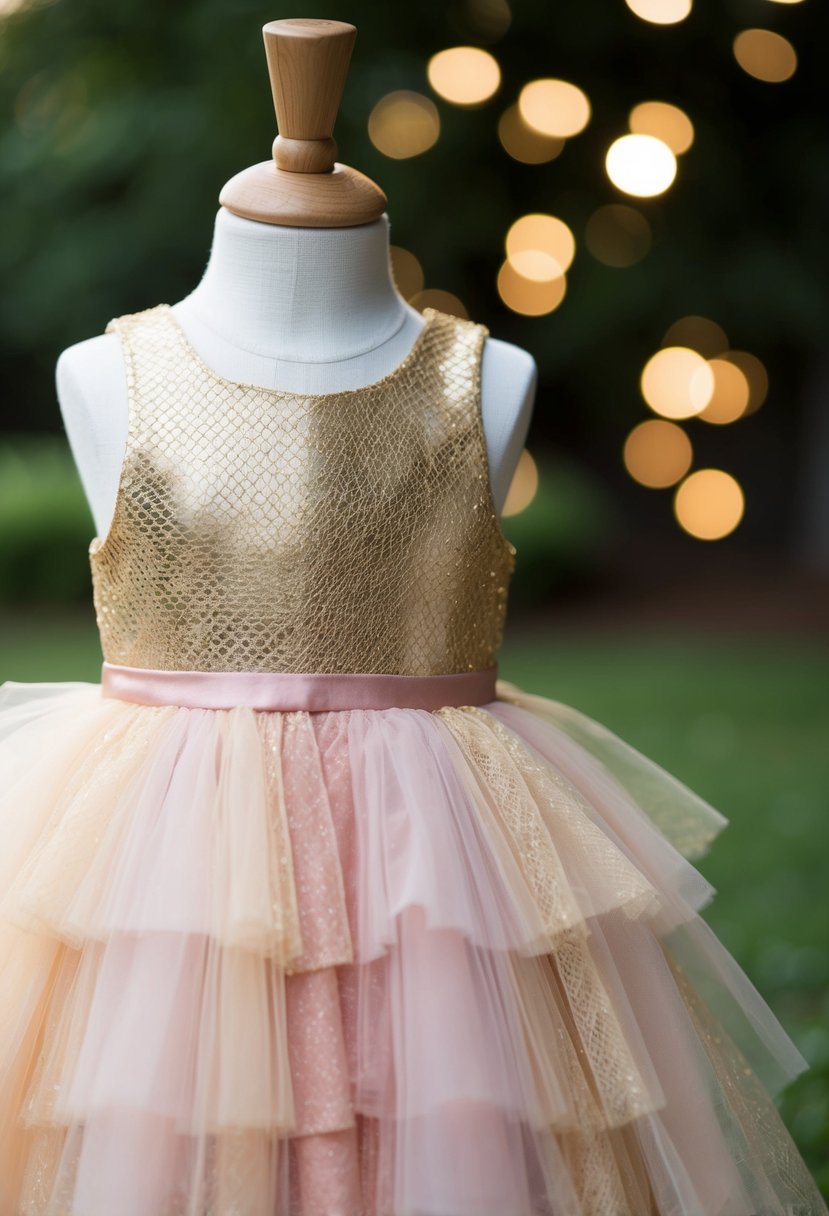 A golden and blush tulle layered dress draped over a child-sized mannequin