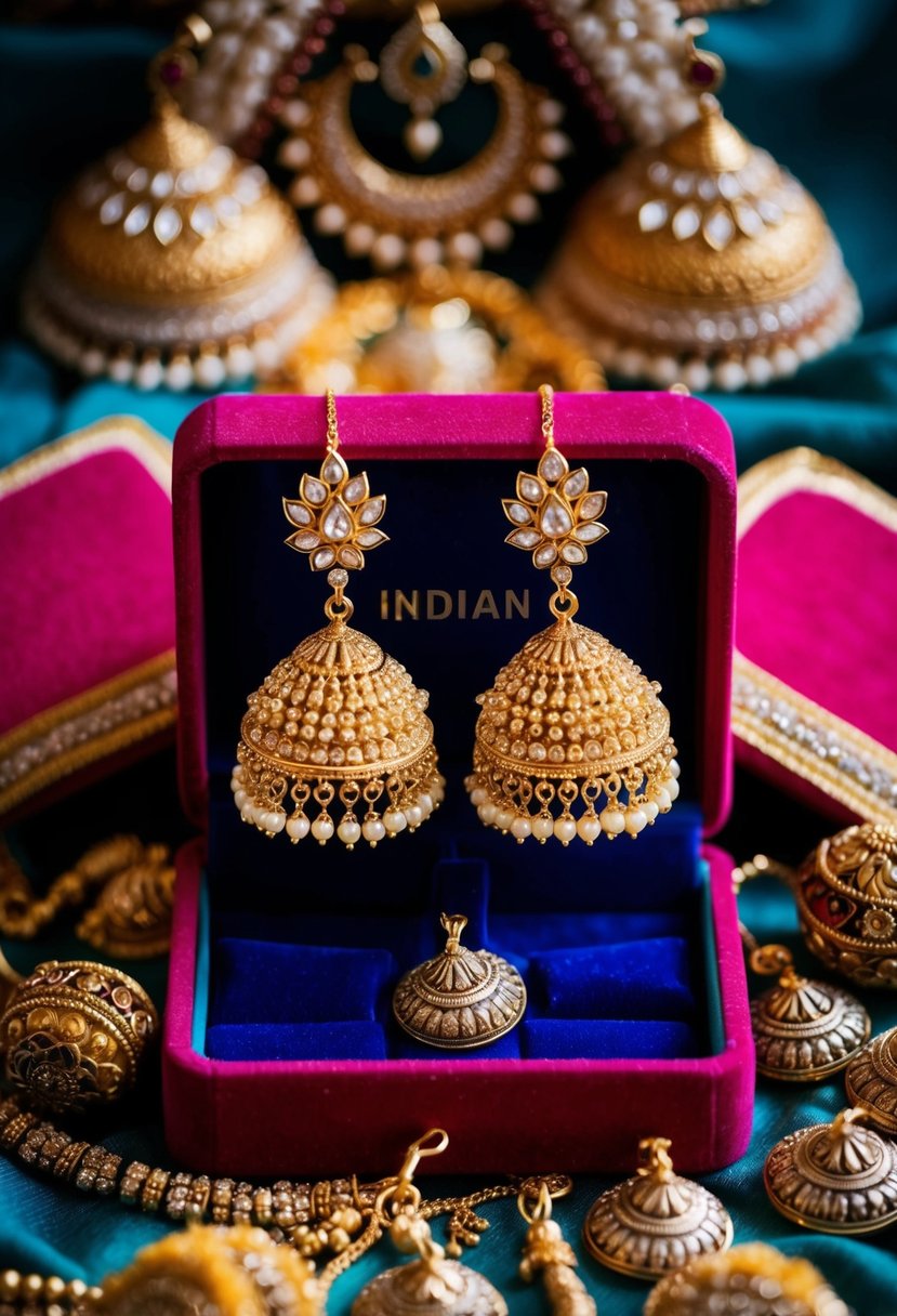 A pair of ornate gold Jhumkas dangle from a velvet jewelry box, surrounded by intricate Indian wedding ornaments