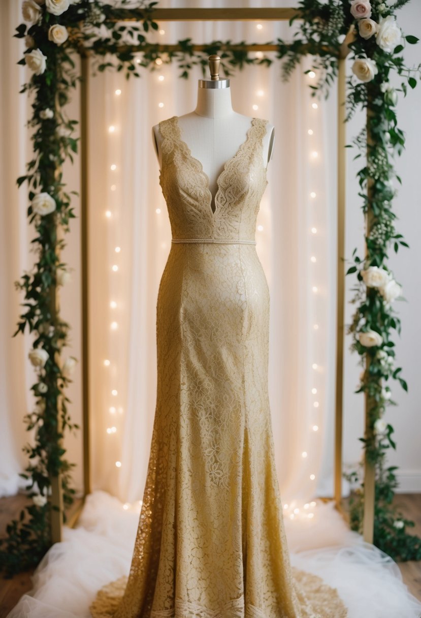 A vintage-inspired gold lace dress displayed on a mannequin, surrounded by soft, romantic lighting and delicate floral accents