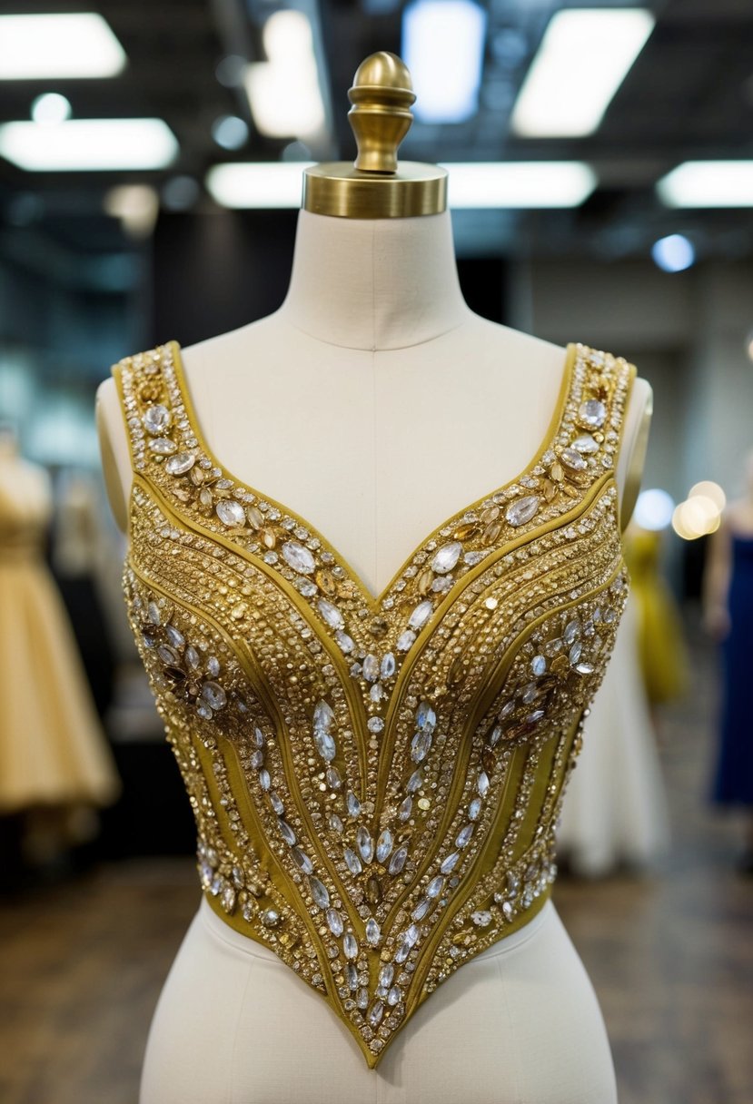 A gold bejeweled bodice dress displayed on a mannequin, with intricate details and shimmering embellishments