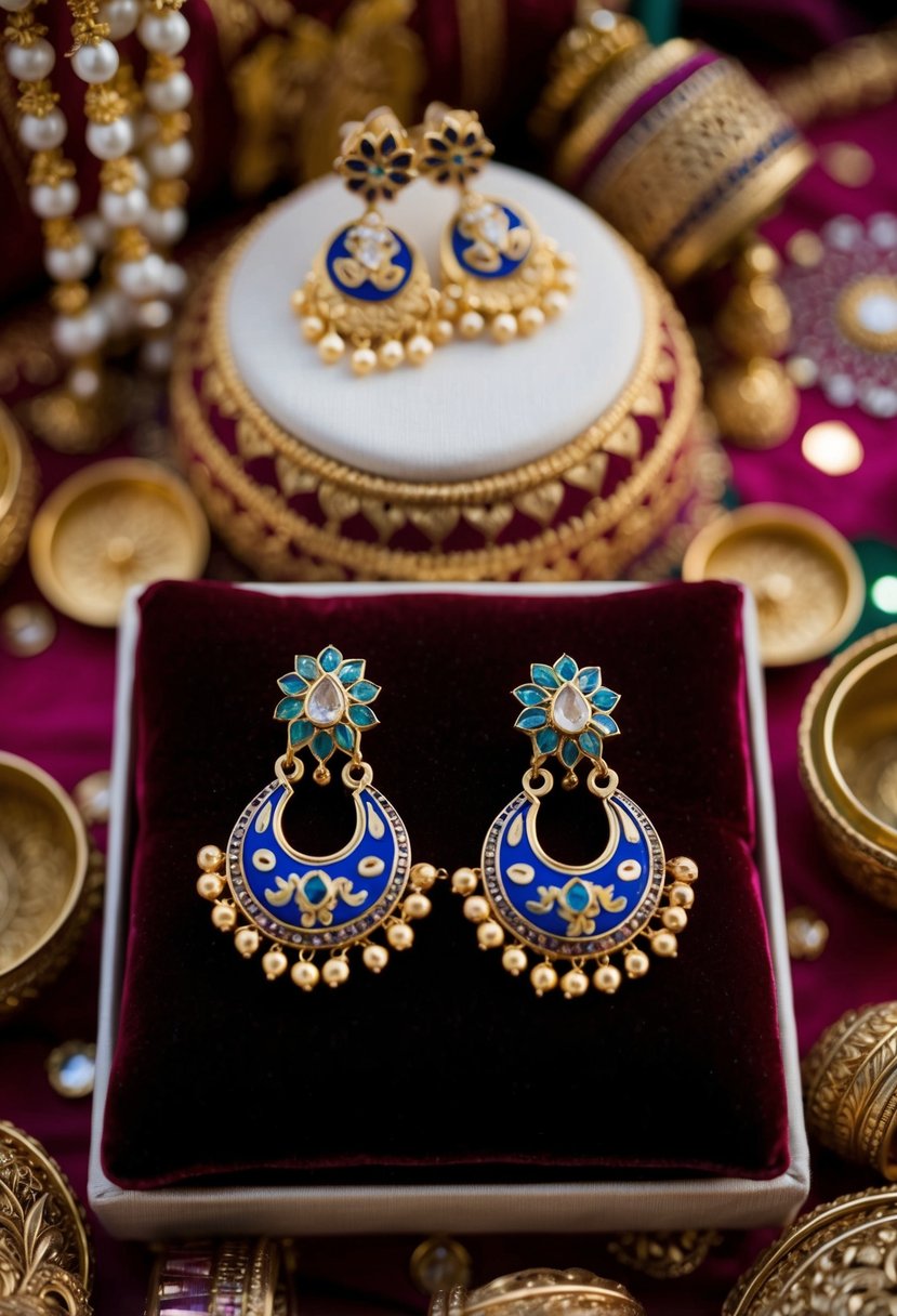 Two enamelled gold earrings displayed on a velvet cushion, surrounded by Indian wedding decor and traditional motifs