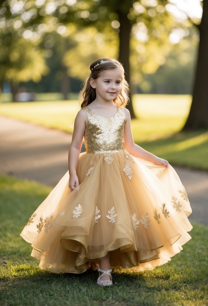 A young girl twirls in a shimmering gold tulle skirt dress, adorned with delicate gold appliqué, creating a magical and enchanting vision fit for a fairy-tale wedding