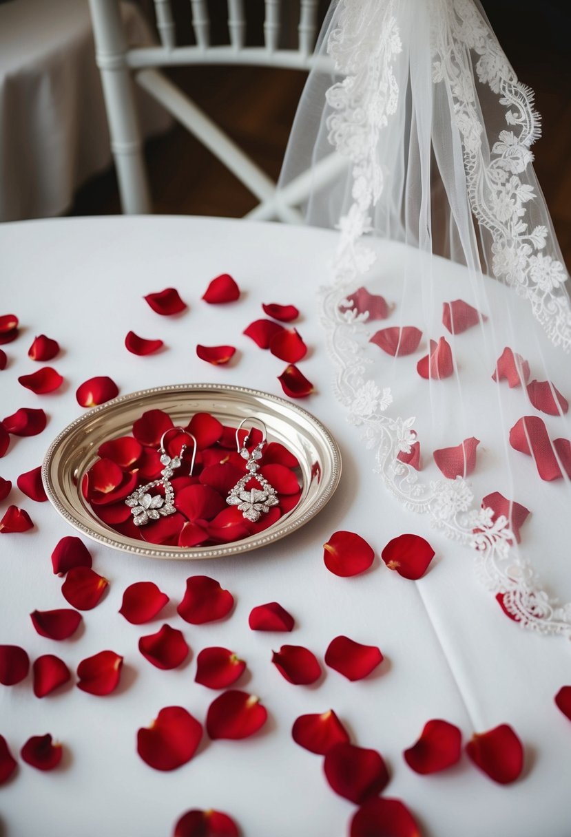 A table scattered with red rose petals, a silver tray of elegant red wedding earrings, and a delicate lace veil draped over a chair