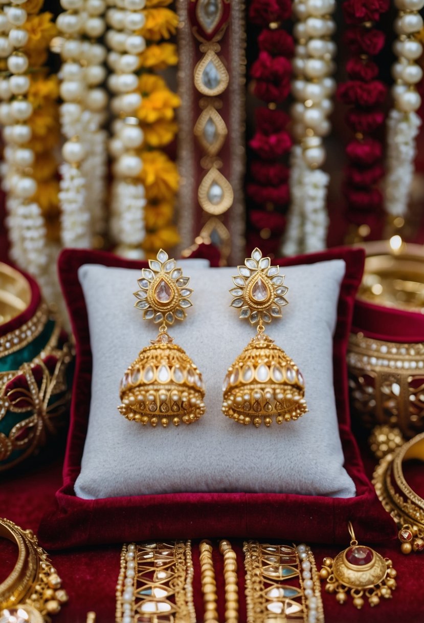 A pair of ornate Kundan style gold earrings displayed on a velvet cushion, surrounded by traditional Indian wedding decorations