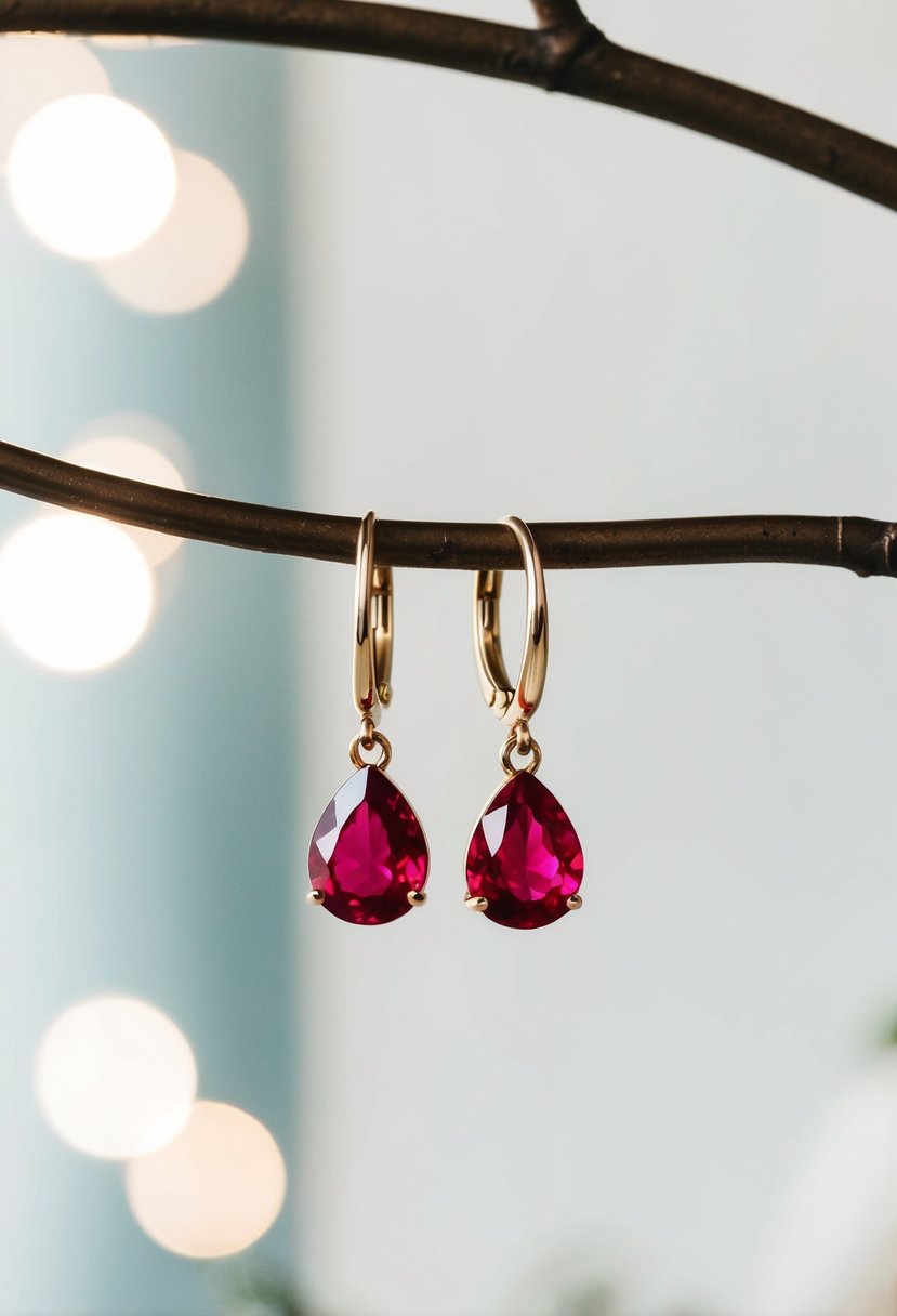 A close-up of ruby red drop earrings against a soft, white background