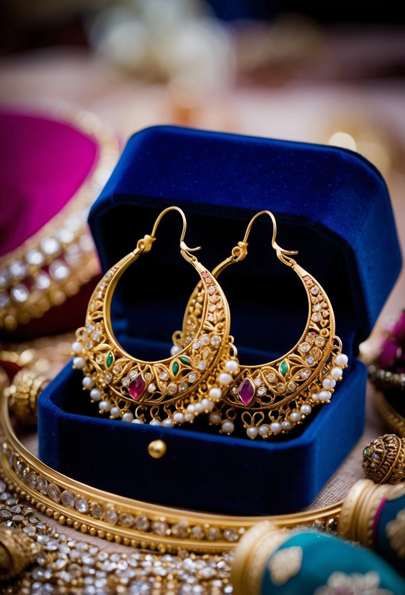 A pair of intricate Meenakari Gold Hoops dangle from a velvet jewelry box, surrounded by shimmering Indian wedding accessories