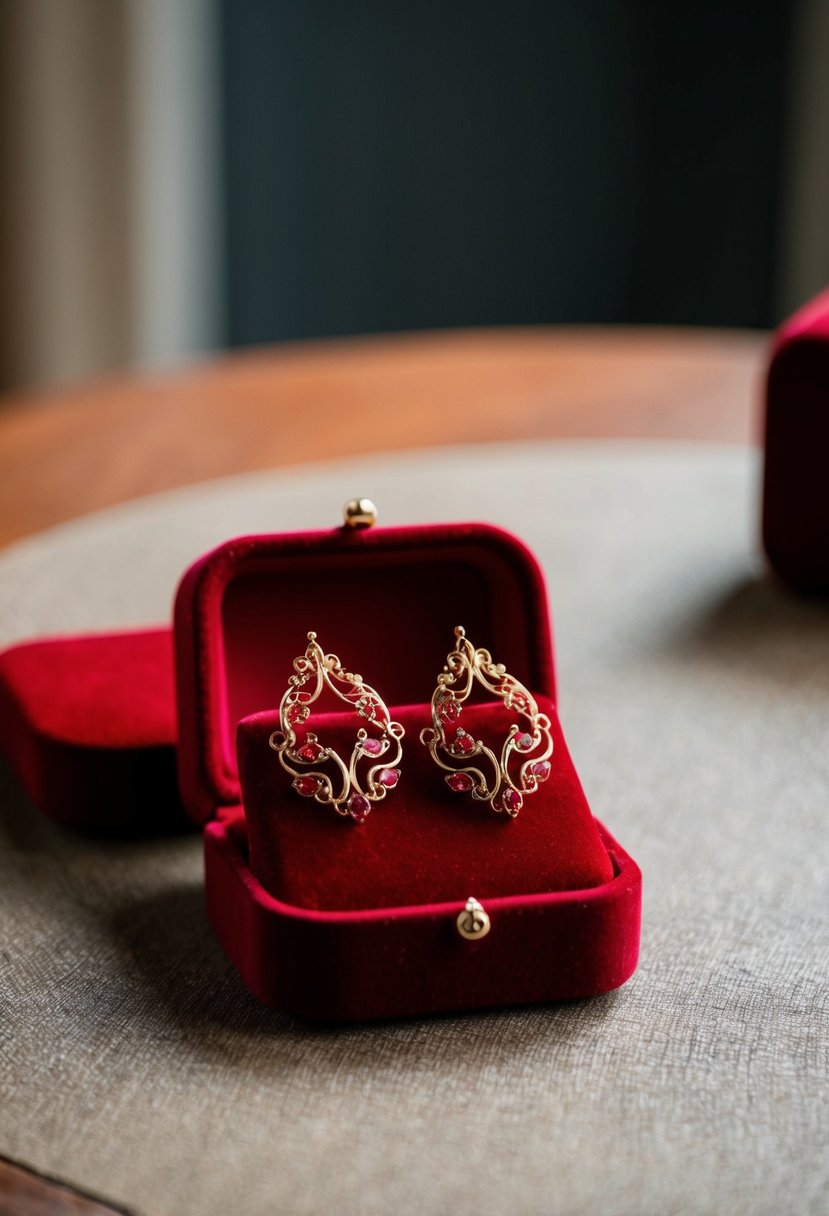 A table with a red velvet jewelry box open, revealing a pair of intricate scarlet earrings with delicate gold accents