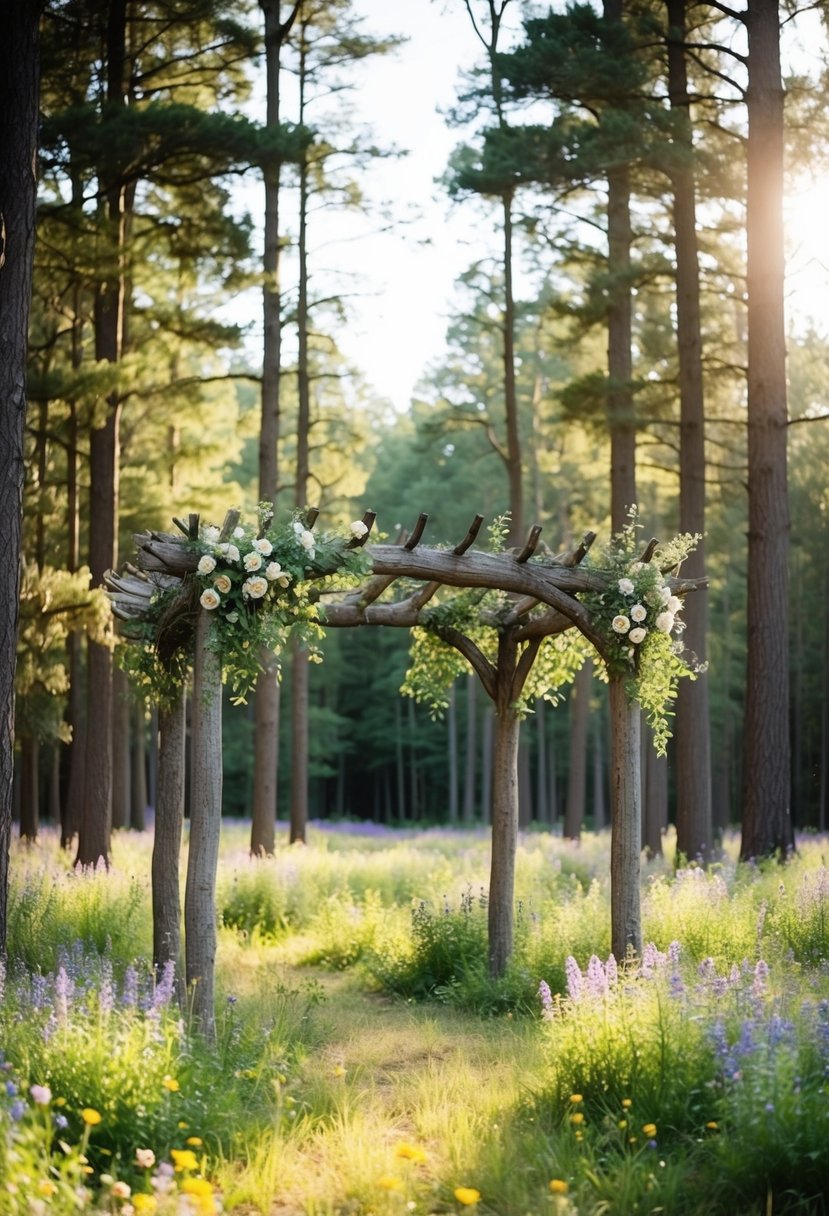 A serene woodland clearing with a rustic arbor adorned with wildflowers, surrounded by tall trees and dappled sunlight