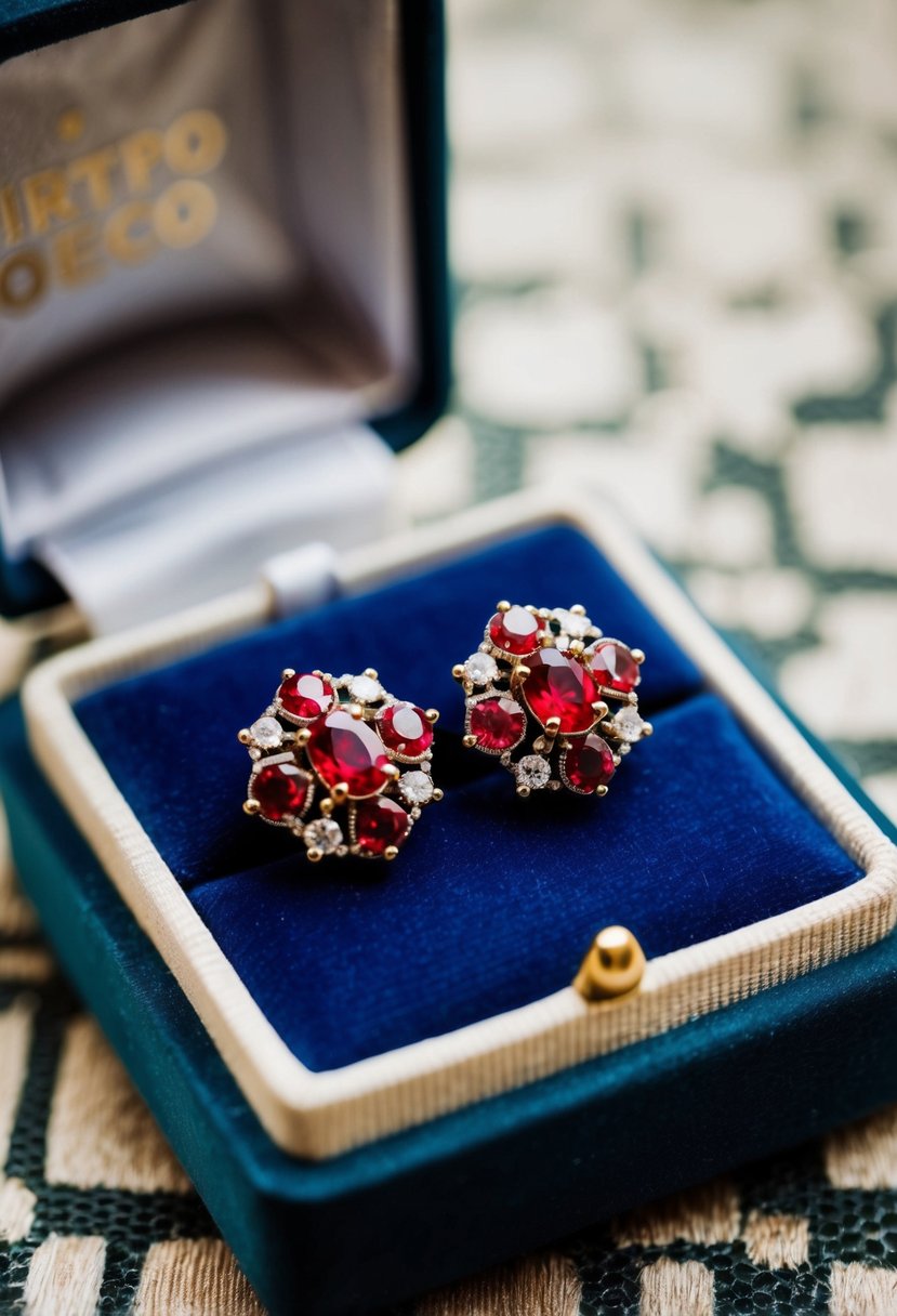 A pair of vintage Art Deco stud earrings with intricate red gemstones, displayed on a velvet jewelry box