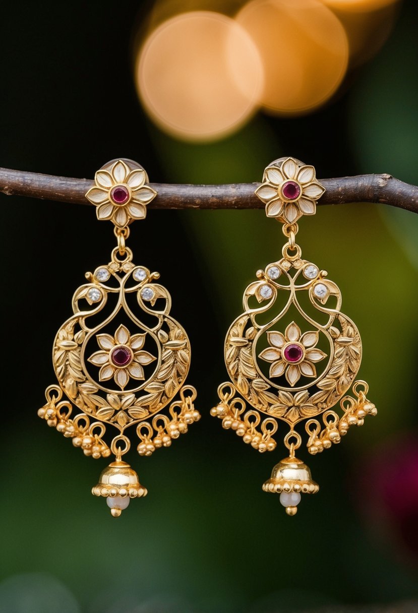 Golden floral motif earring drops with intricate Indian design