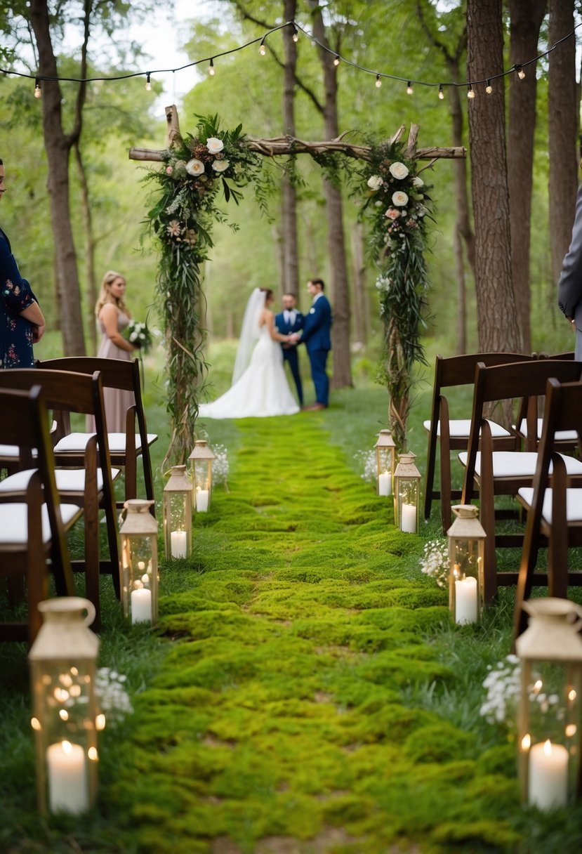 A mossy aisle winds through a woodland clearing, adorned with twinkling fairy lights and wildflowers. A whimsical ceremony awaits under the dappled sunlight