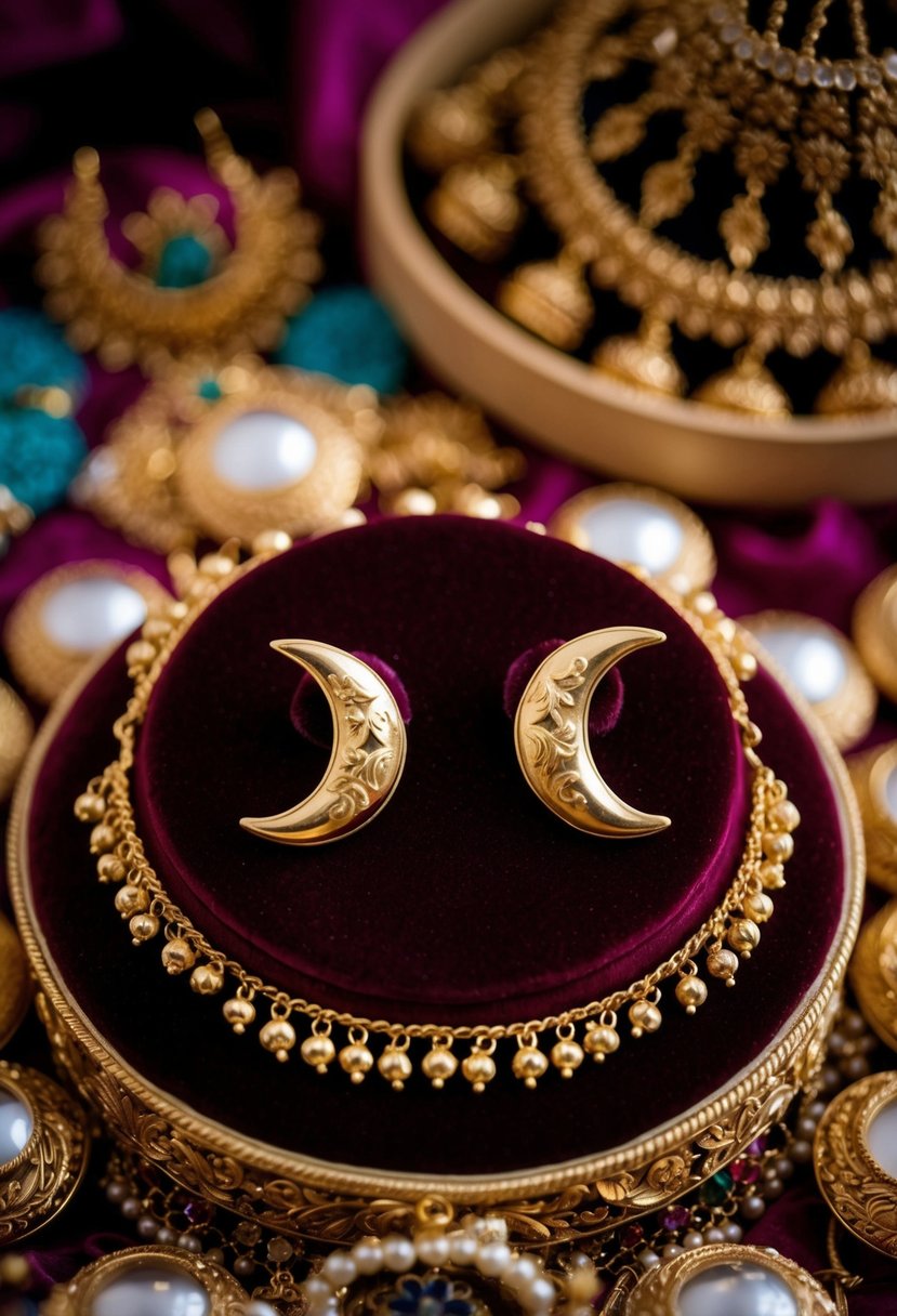 A pair of crescent moon gold earrings displayed on a velvet cushion, surrounded by intricate Indian wedding jewelry