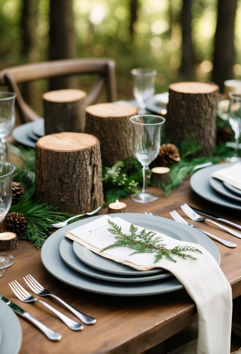 Tree stumps arranged as plate chargers on a woodland wedding table, with rustic tableware and forest greenery