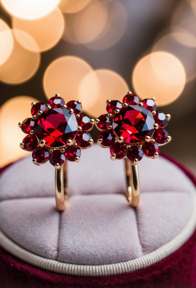 A sparkling pair of berry red crystal earrings displayed on a velvet cushion, with soft lighting to enhance their rich color