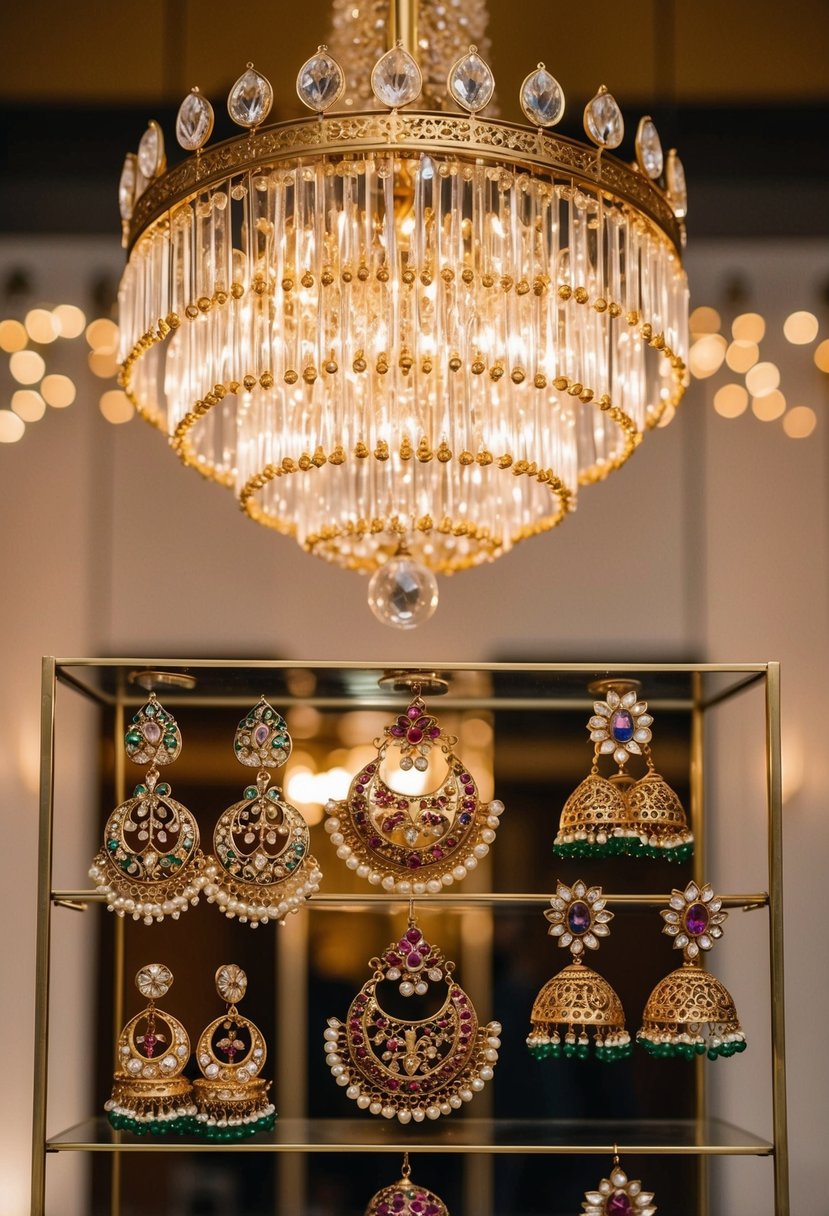 A vintage gold chandelier hangs above a display of intricate Indian wedding earrings