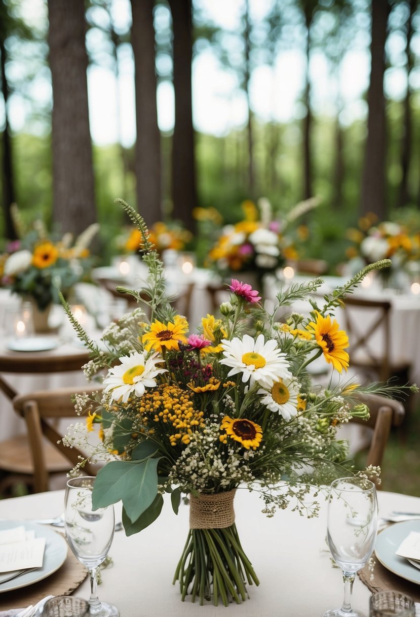 Wildflowers fill rustic bouquets and centerpieces, creating a whimsical woodland wedding scene