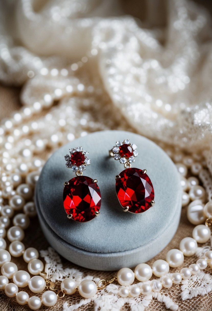 A sparkling pair of red crystal bridal earrings displayed on a velvet cushion, surrounded by delicate lace and shimmering pearls