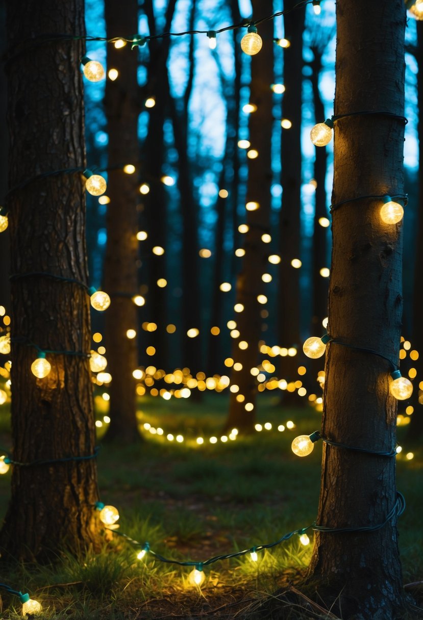 Fairy lights twinkle among the trees in a magical woodland setting