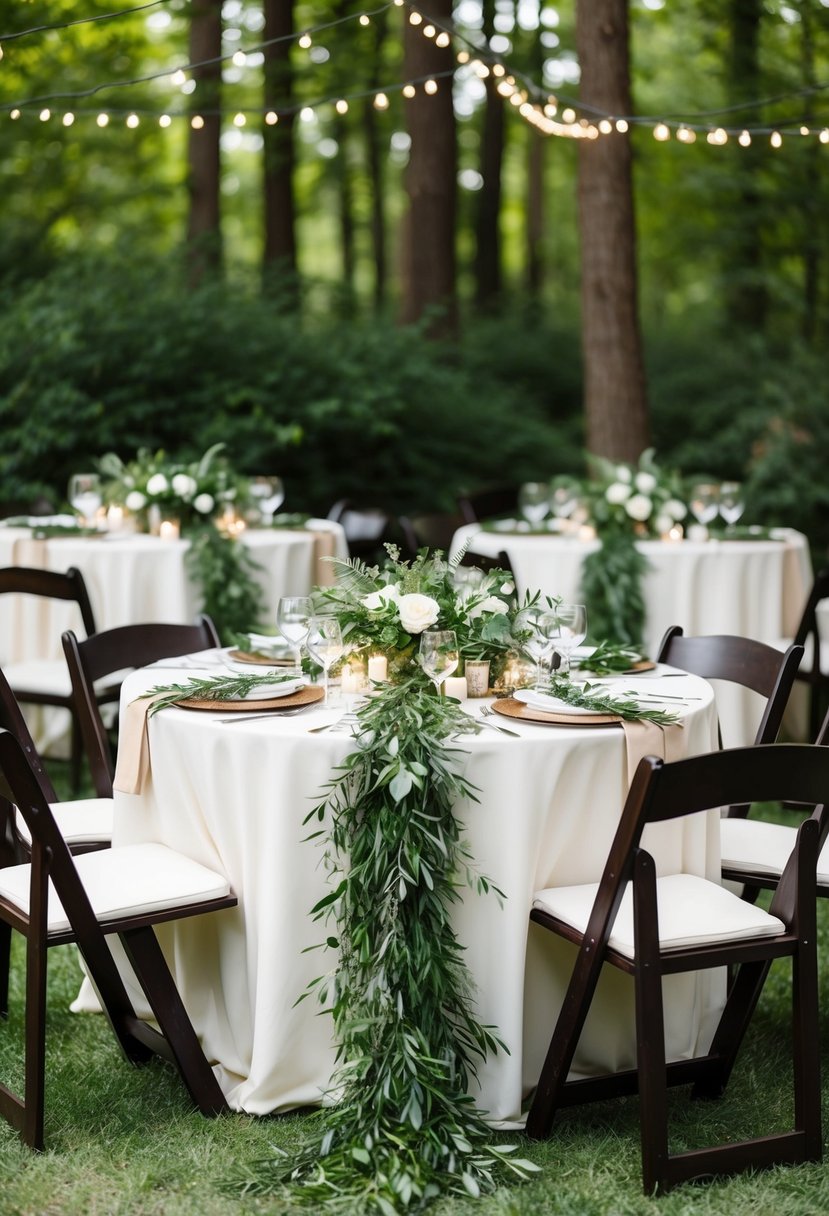 Tables draped with lush greenery garlands, creating a woodland-inspired wedding setting