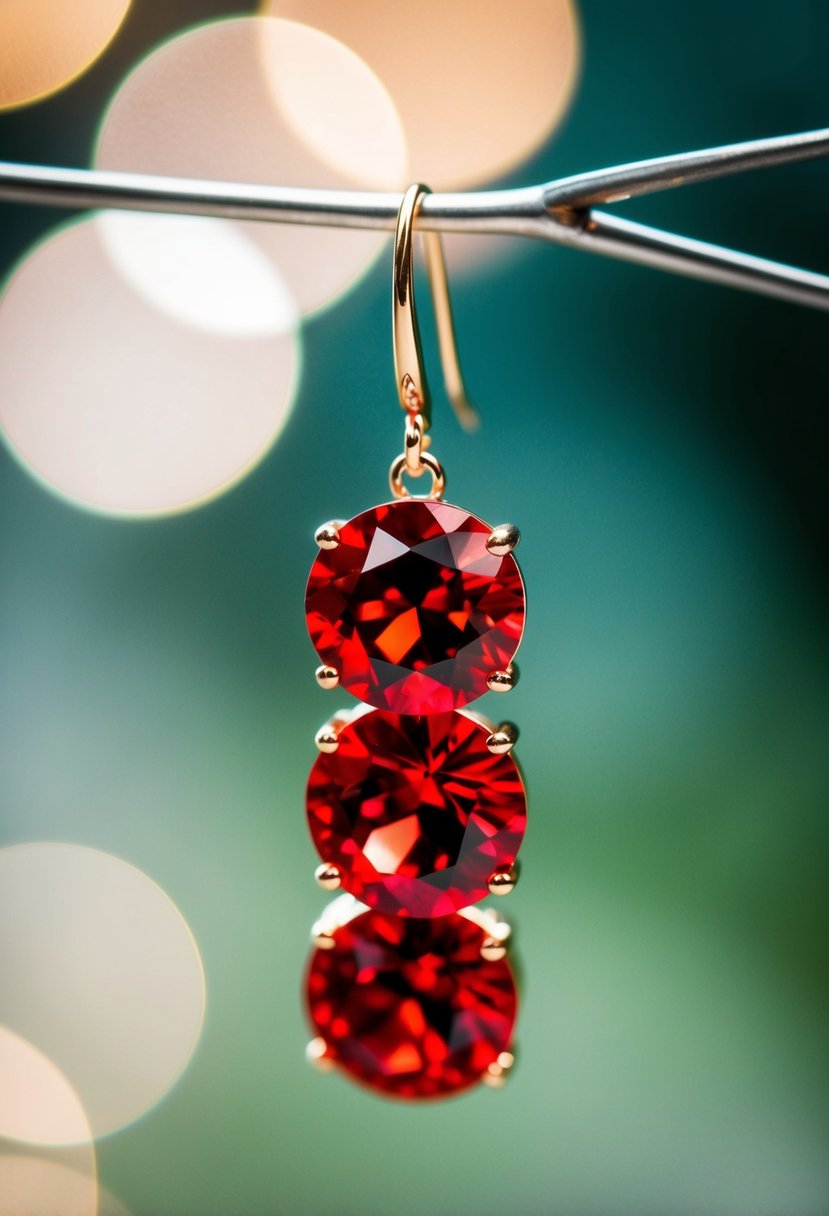 A luxurious red earring suspended from a delicate hook, catching the light with its shimmering gemstone