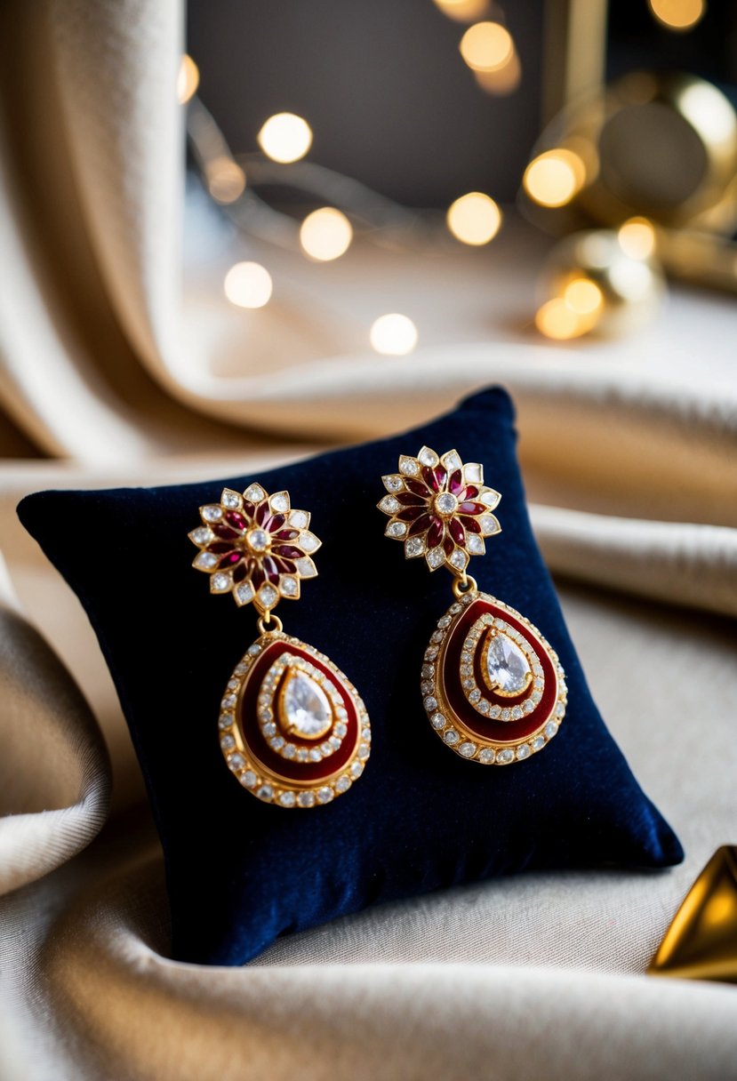 A pair of golden and red fancy earrings displayed on a velvet cushion, surrounded by soft lighting and luxurious fabric