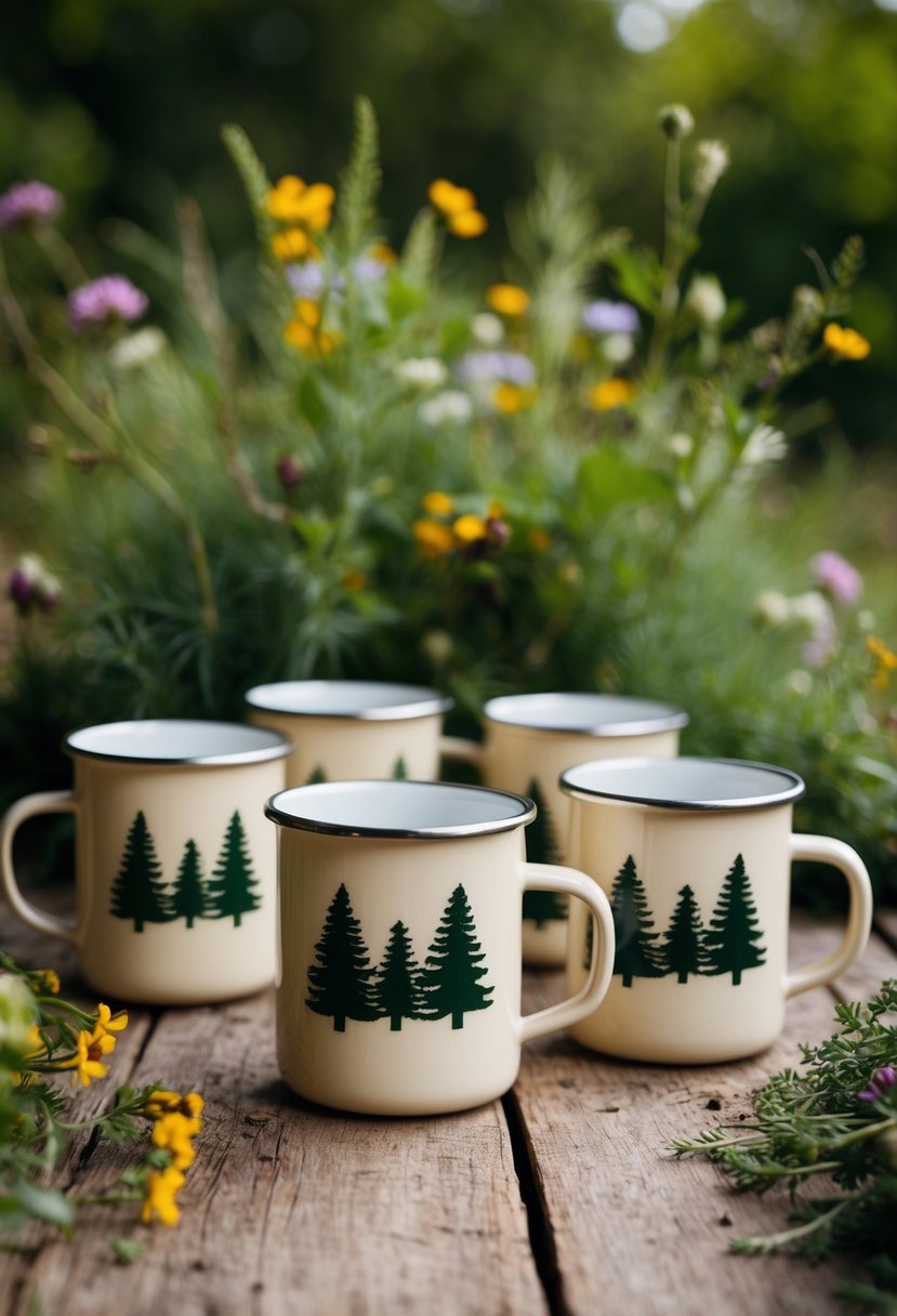 Enamel mugs with woodland motifs arranged on a rustic table, surrounded by greenery and wildflowers