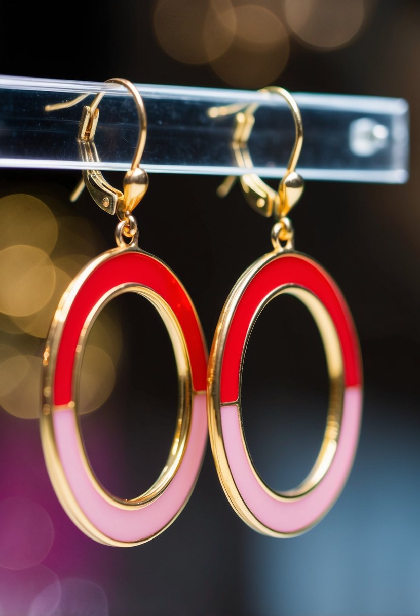 A pair of gold-framed red and pink dangle earrings hanging from a jewelry display, catching the light and casting a shimmering reflection