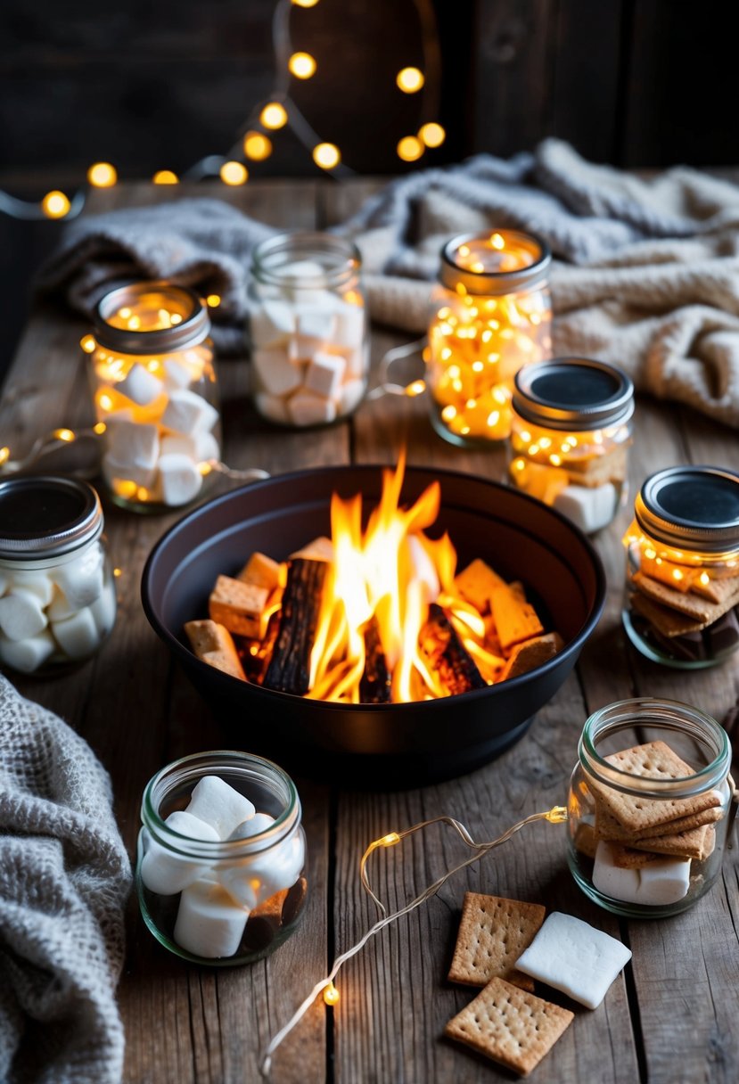 A rustic wooden table with a crackling fire, surrounded by blankets, fairy lights, and jars of marshmallows, chocolate, and graham crackers