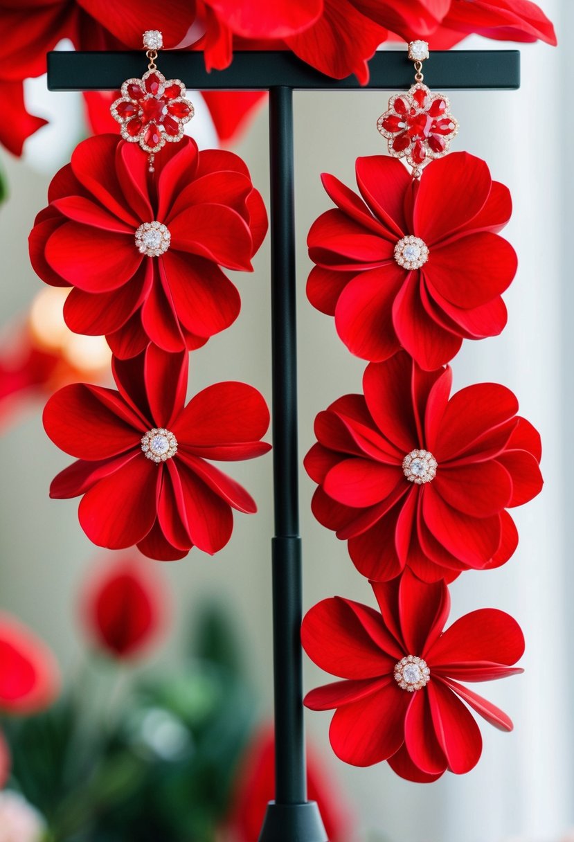 Two large red flower petal earrings cascading down, creating a striking wedding accessory