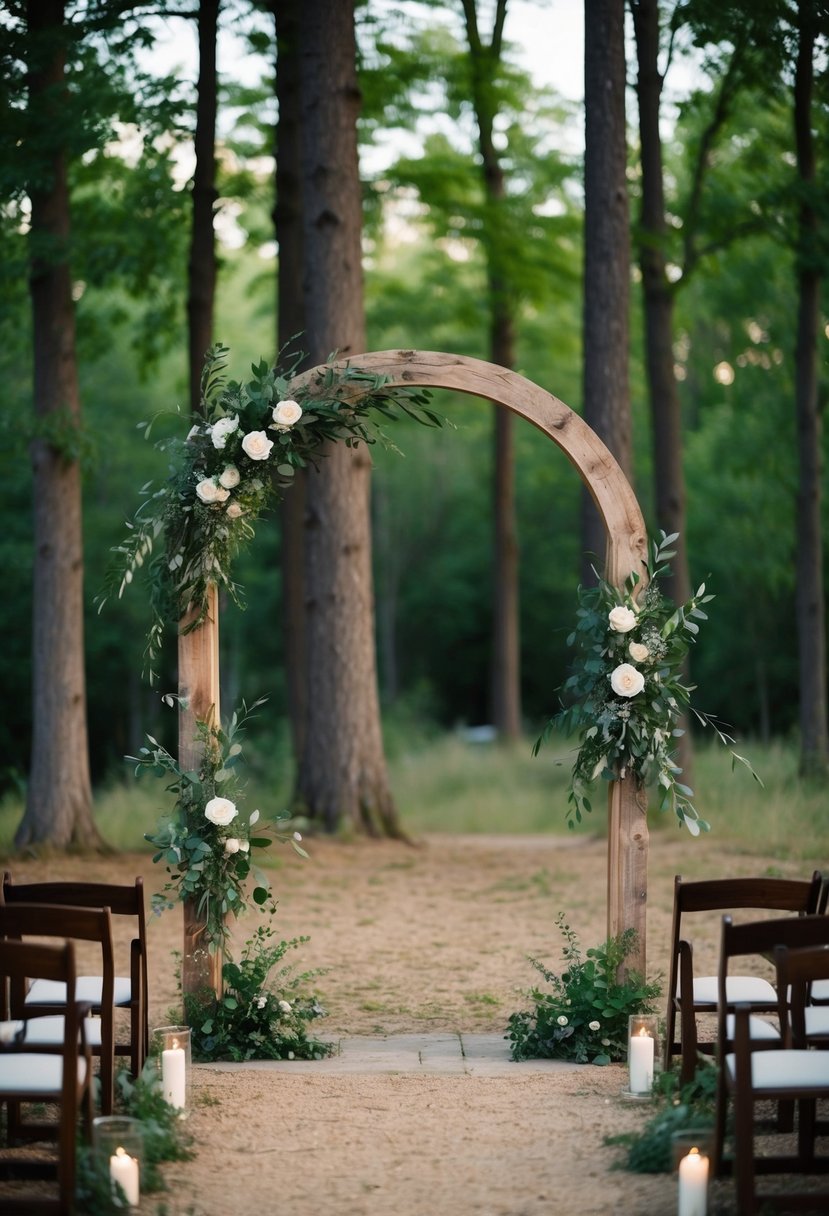 Rustic wooden arches form an altar in a woodland clearing, adorned with natural greenery and soft, ethereal lighting