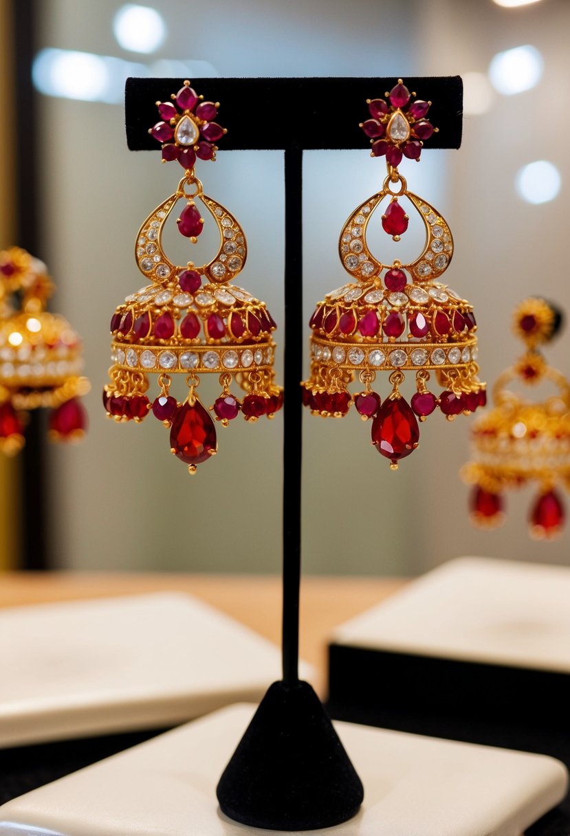 A pair of red chandelier earrings adorned with Kundan stones, hanging elegantly on a display stand