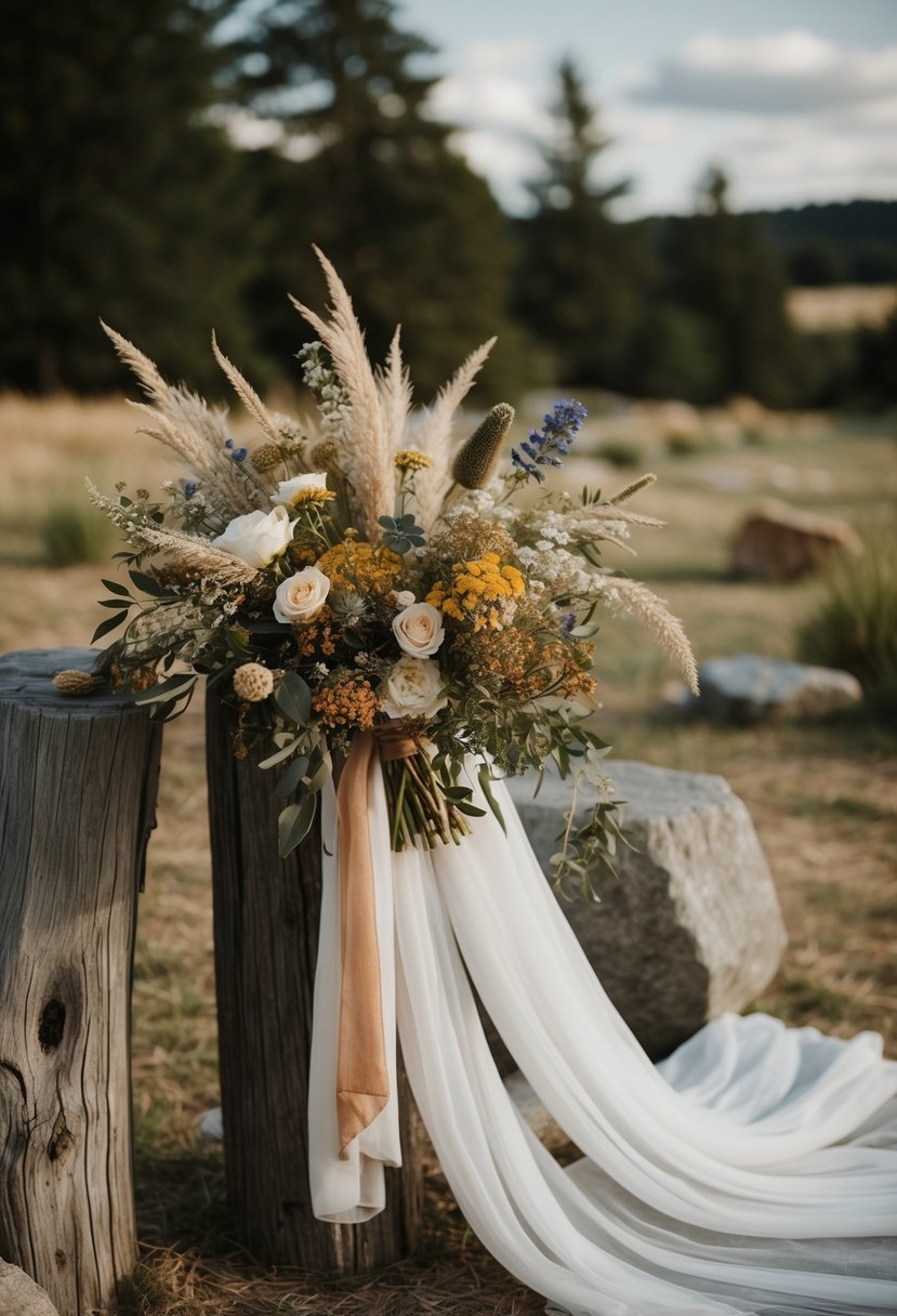 A rustic, outdoor wedding with wildflower bouquets, draped fabric, and natural elements like wood and stone