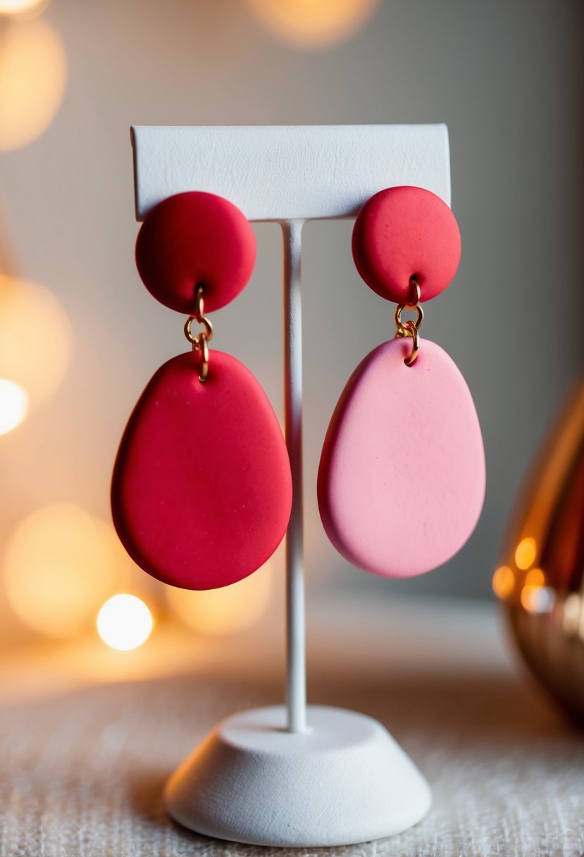 A pair of red and pink polymer clay earrings arranged on a white display stand, with soft lighting casting a warm glow on them