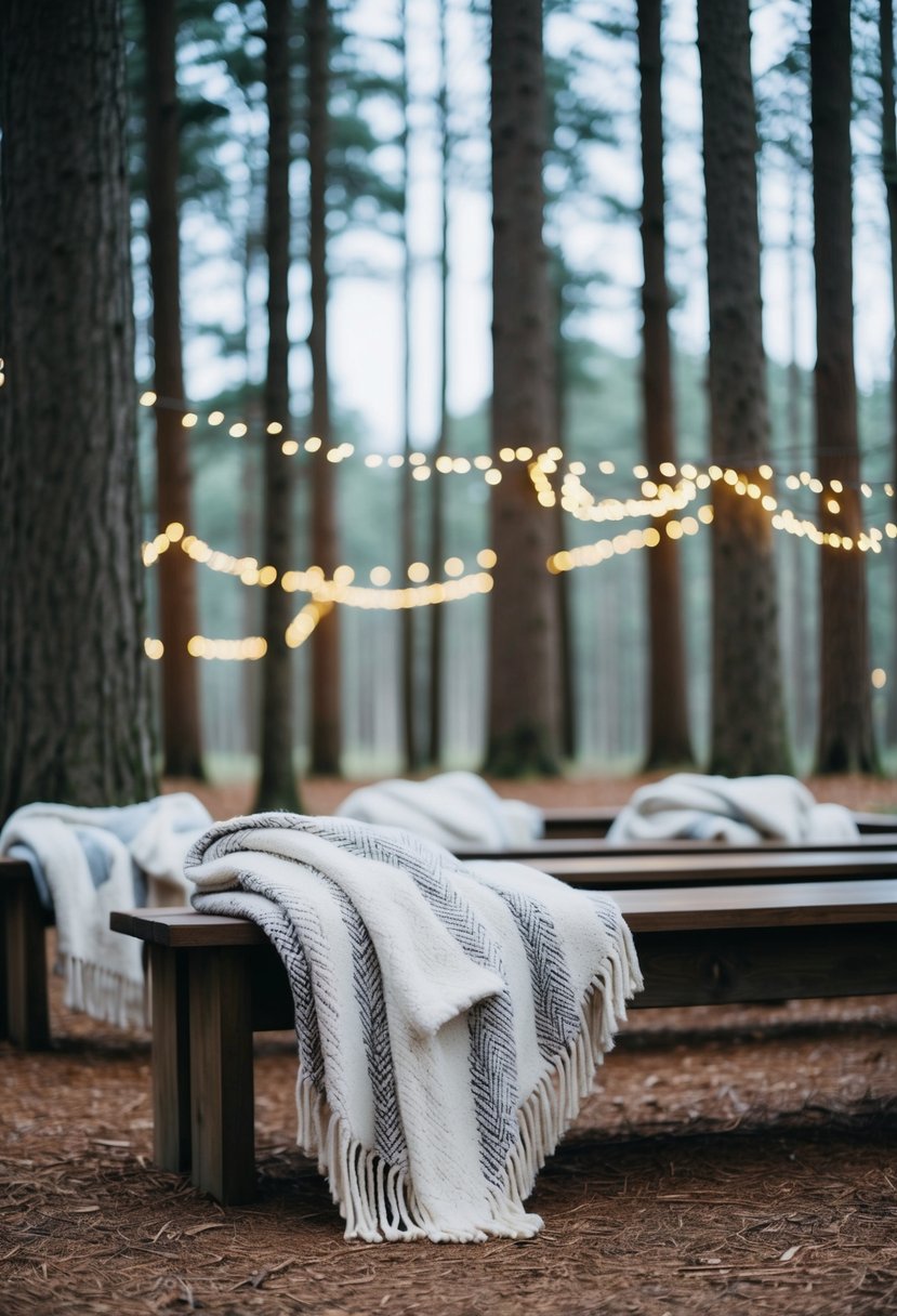 Soft blankets draped over wooden benches in a forest clearing, surrounded by tall trees and twinkling lights