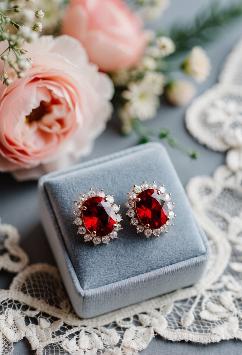 A pair of Swarovski red bridal earrings displayed on a velvet cushion, surrounded by delicate lace and floral accents