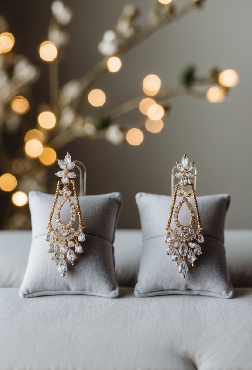 Two elegant wedding earring designs displayed on a velvet cushion, featuring delicate gold and silver tones with intricate details