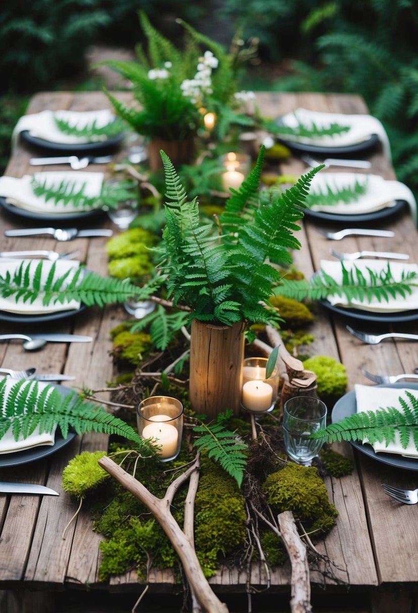 Lush ferns and wildflowers adorn a rustic wooden table, surrounded by natural elements like moss, bark, and twigs. A woodland-inspired centerpiece completes the enchanting scene