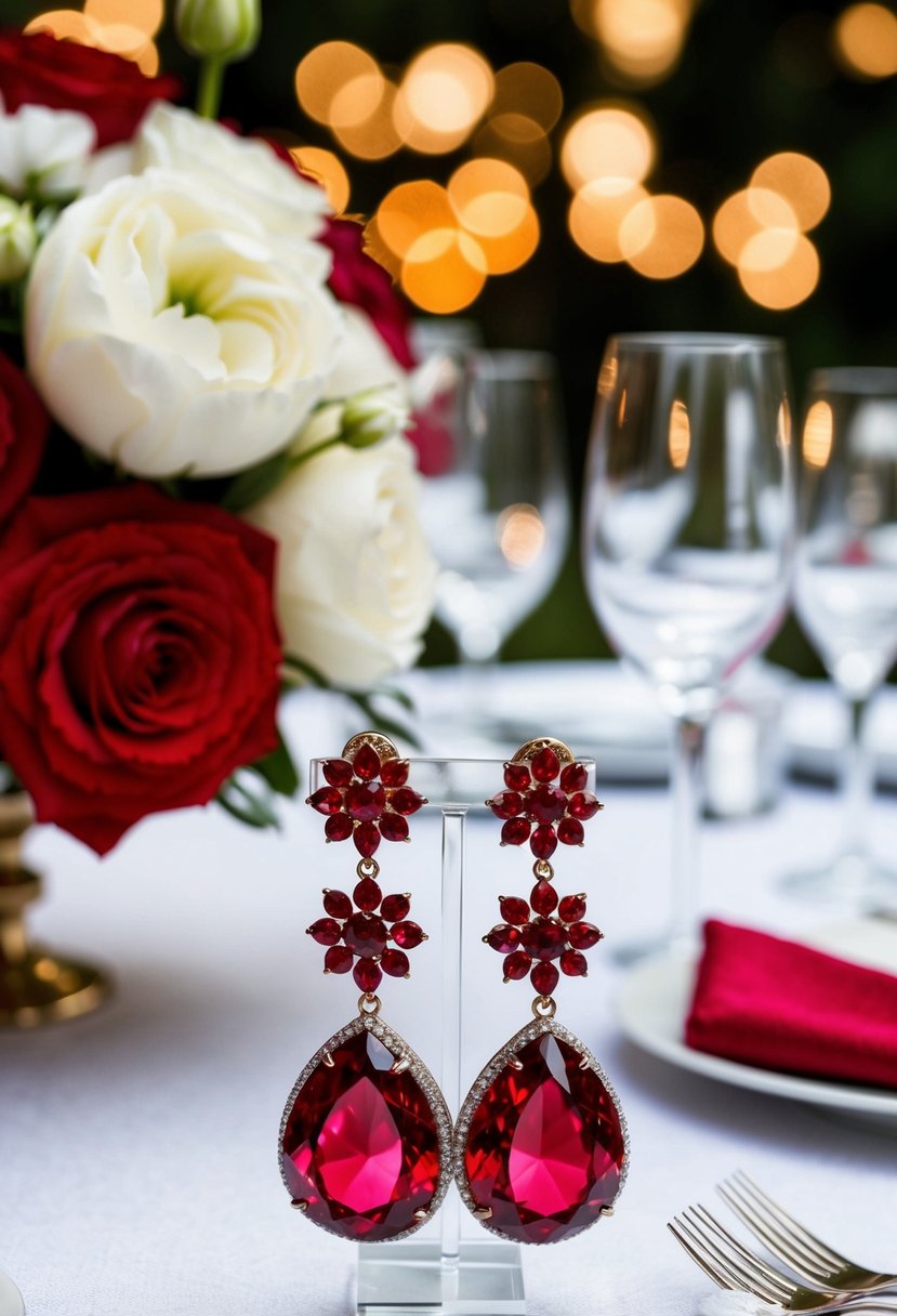 A table adorned with elegant red wedding earrings from the Anna Bellagio Red Jewelry Collection